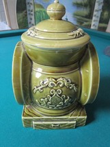 Ceramic Vintage Green Cookie Jar Wheels Shape 10 1/2&quot; [POTT3] - £51.37 GBP
