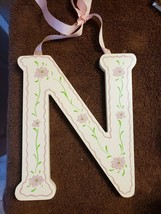 Large Monogram Letter Initial N Pressed Wood White with Flowers, Ribbon - £7.91 GBP