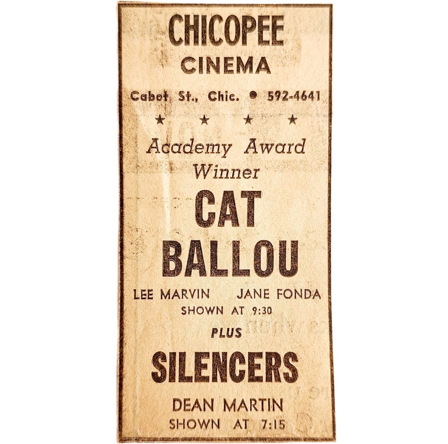 1966 Cat Ballou Lee Marvin Movie Advertisement Jane Fonda Chicopee Cinem... - $19.99