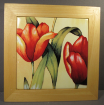 Trivet Light Wood Red Tulips Ceramic Art Tile 8&quot; Square Wall Hanging - £10.20 GBP