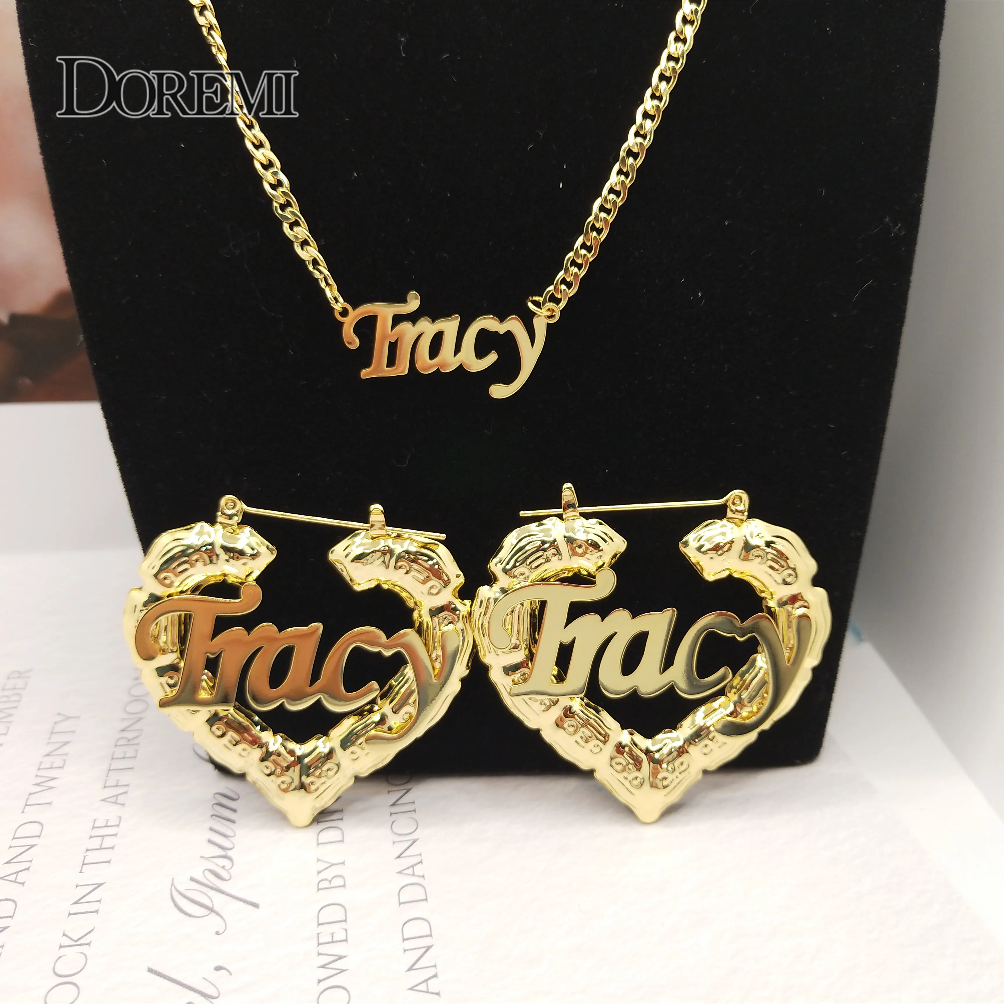 Name Earrings and Necklace set Heart Bamboo Earrings 3Cuban Chain Custom Bamboo  - £31.06 GBP