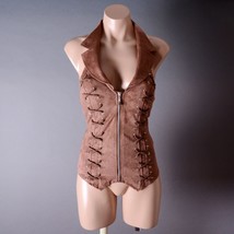 Brown Halter Faux Suede Western Corset Collar Zipper Steampunk Goth Bust... - $47.98 CAD