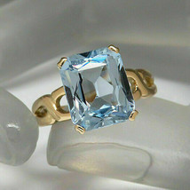 3.1Ct Emerald Cut Blue Aquamarine Solitaire Engagement Ring 14K Yellow Gold Over - £74.96 GBP