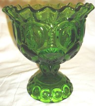 Vintage L.E. Smith Moon &amp; Star Green Glass Crimped Rim Pedestal Compote Bowl - £12.64 GBP