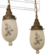 Set of Satin Glass Hanging Swag Ceiling Lamp Light Fixtures Painted Floral Retro - £124.04 GBP
