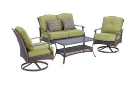 Outdoor Patio Conversation Set 4 Pieces Glass top table Loveseat 2 swivel chairs