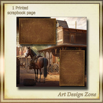 Old Western Town Scrapbook Page with Horse Hitched to a Post - $15.00