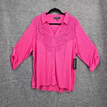 Thomas &amp; Olivia Womans Blouse 2X Rose Lace Decor Roll Tab Sleeves V-Neck Slimmin - $19.62