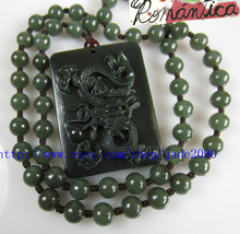 Free Shipping - Amulet Natural Green jadeite jade Carved Dragon beaded jade neck - £24.04 GBP