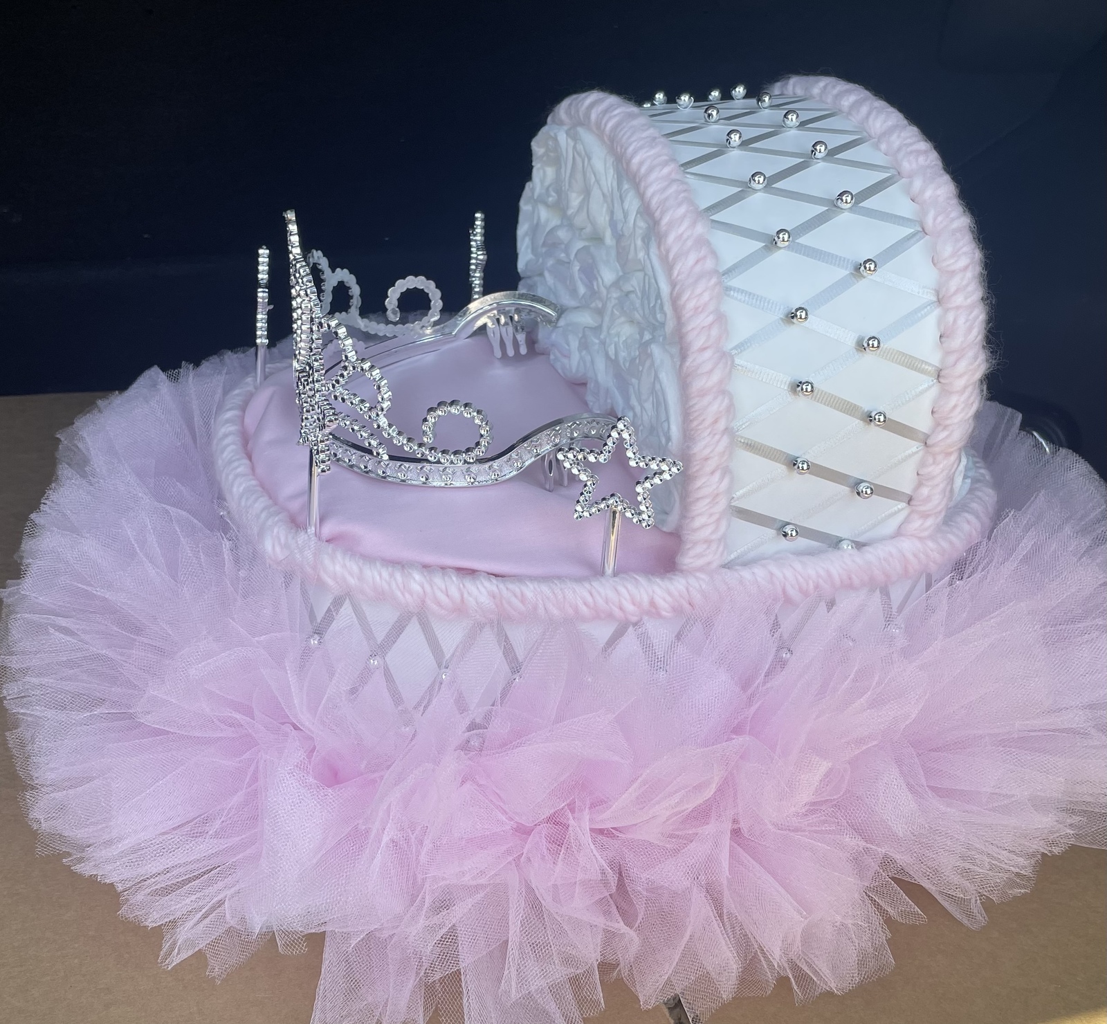 Pink and Silver Baby Shower Princess Bassinet Diaper Cake Centerpiece Gift
