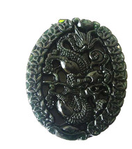 Free Shipping -  Natural black green jade carved Dragon Round shape char... - $15.99