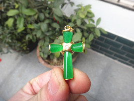 Free Shipping - Good luck Hand- carved  natural green jade Cross charm  ... - $25.99