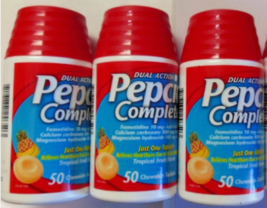 3 Bottles Pepcid Dual Action Complete Tropical Fruit Flavor 50 Chewable ... - $44.54
