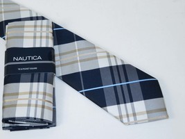 Men's  Nautica Tie and Hankie Set Woven Silky Feel #Nautica-6 Beige Blue image 2