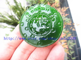 Free Shipping - handmade Natural Green jadeite jade carved two dragon Round shap - £20.41 GBP