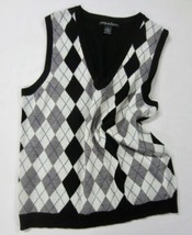 MARINA LUNA Black White Gray MERINO WOOL ARGYLE Pullover V-Neck Vest L 38&quot; - $507.86 MXN