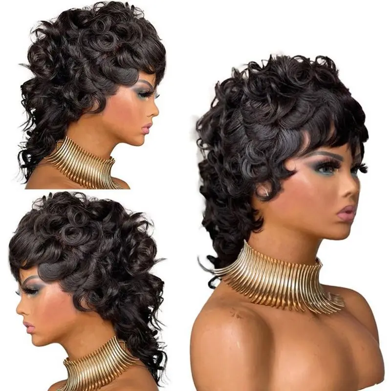 Short Pixie Cut Deep Wave Wigs With Bangs Brazilian 200%Density Glueless Full - £36.77 GBP+