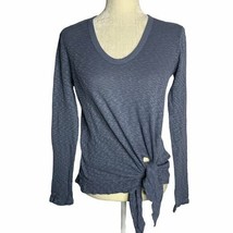 Thermal Knit Sweater Asymmetrical Tie Front S Blue Raw Hem Scoop Neck - £18.20 GBP