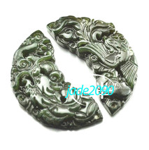 Free Shipping - Dragon and Phoenix pendant  Hand- carved Natural dark green Drag - £15.97 GBP