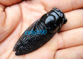 Free shipping - good luck Amulet Natural black jade carved Cicada charm pendant  - $19.99