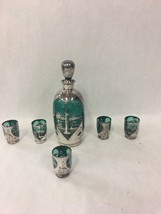 Italian Silver Overlay teal Decanter Shot Glasses Tumblers Goblets Vintage 7 pcs - £109.60 GBP