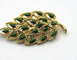 Green Leaf Fashion Brooch Pin Gold Tone &amp; Pear Shaped Beads 2&quot; - £11.77 GBP