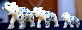 Lot of 3 Pcs Antique Marble Elephant Trunk Up Mosaic Inlay Marquetry Decor H1961 - £527.35 GBP