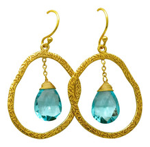 Sterling Silver Blue Topaz Earrings, 18k Gold Overlay, Drop Dangle Design - £31.14 GBP