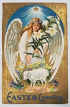 Easter Greetings Beautiful Angel with Lamb Golden Postcard Z25 - £6.27 GBP