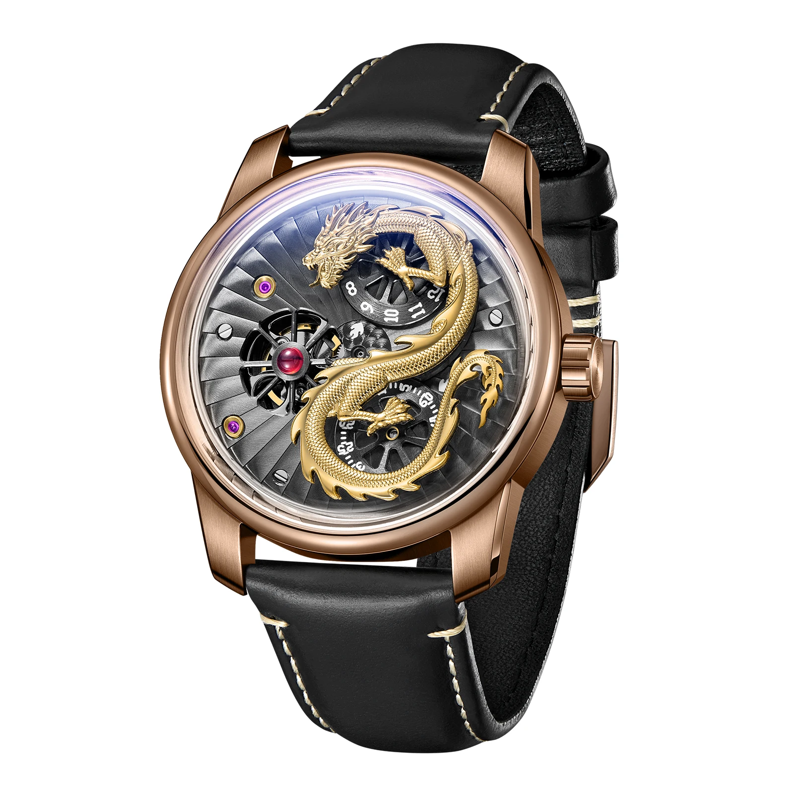 New Design Dragon Dial Leather Mechanical Automatic Watch Double Wheel Luminous  - £408.67 GBP