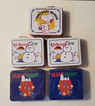 Vintage lot of 6 Peanuts Snoopy Christmas candy tins - mini lunch box tins ASC - £15.87 GBP