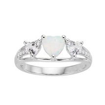Sterling Silver 1CT Heart Shape Opal &amp; White Sapphire Triple Heart Promise Ring - £58.50 GBP