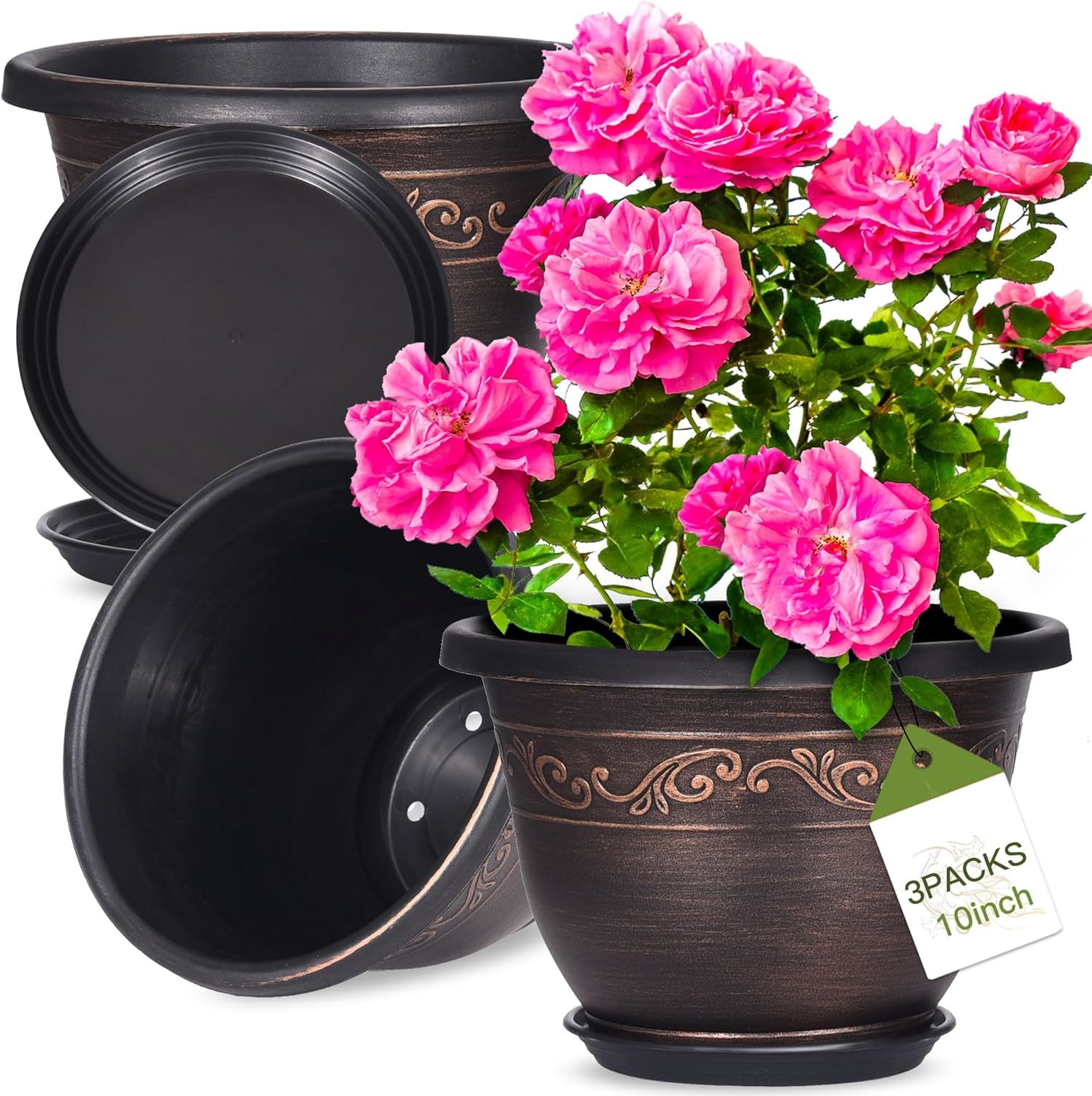 Plastic-Plant-Flower-Planters-10 Inch With Drainage Hole &amp; Saucer, 3 Packs - $30.99