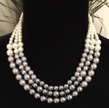 Faux Pearl Necklace Graduated Style Triple Strand White Silver Gray Ombre Fade - £11.19 GBP
