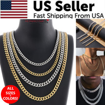  Stainless Steel Gold Silver Chain Cuban Curb Womens Mens Necklace 3/5/7/9/11mm - £8.52 GBP