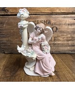 Porcelain Vintage Angel Figurine Seated on Bench Flowers &amp; Dove - $719.69 MXN