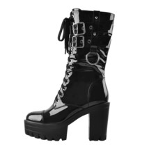 Women Black Platform Patent Leather Lace Up Mid Calf Chunky High Heels Motorcycl - £110.87 GBP