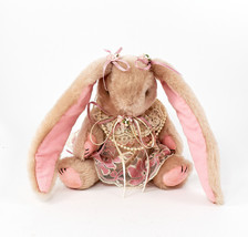 Easter Bunny Plush Tan Long Ears Jointed Pink White Dress Necklace 8.5&quot; - £10.38 GBP