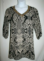 Sage Brand Misses LARGE Black Beige Gold  Beaded Floral Dress V Neck 3/4... - $11.95