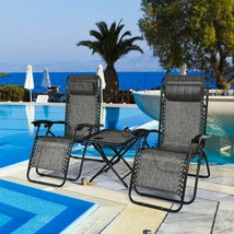 3 Pieces Folding Portable Zero Gravity Reclining Lounge Chairs Table Set-Gray - £131.27 GBP
