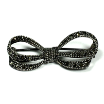 925 Sterling Silver Marcasite Bow Tied Ribbon Brooch Pin - Vintage - £23.25 GBP