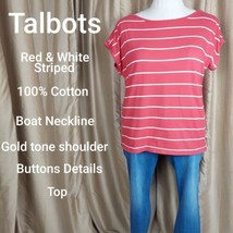 Talbots Red &amp; White Striped Gold Shoulder Buttons Top Size XL - £9.37 GBP
