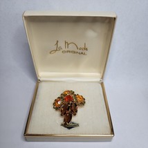 Vintage La Mode Flower Brooch Pin Gold Tone Brown Green Orange Stones with Box - £23.96 GBP