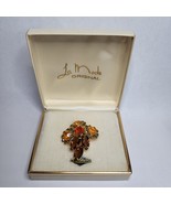 Vintage La Mode Flower Brooch Pin Gold Tone Brown Green Orange Stones wi... - £23.94 GBP