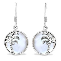 Summer Sky Coconut Palm Tree Pure White Pearl Sterling Silver Dangle Earrings - £16.02 GBP