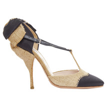 Miu Miu Beige Jute Satin Bow Back T Strap Maryjane Pumps Women Black Size 37.5 - $369.55