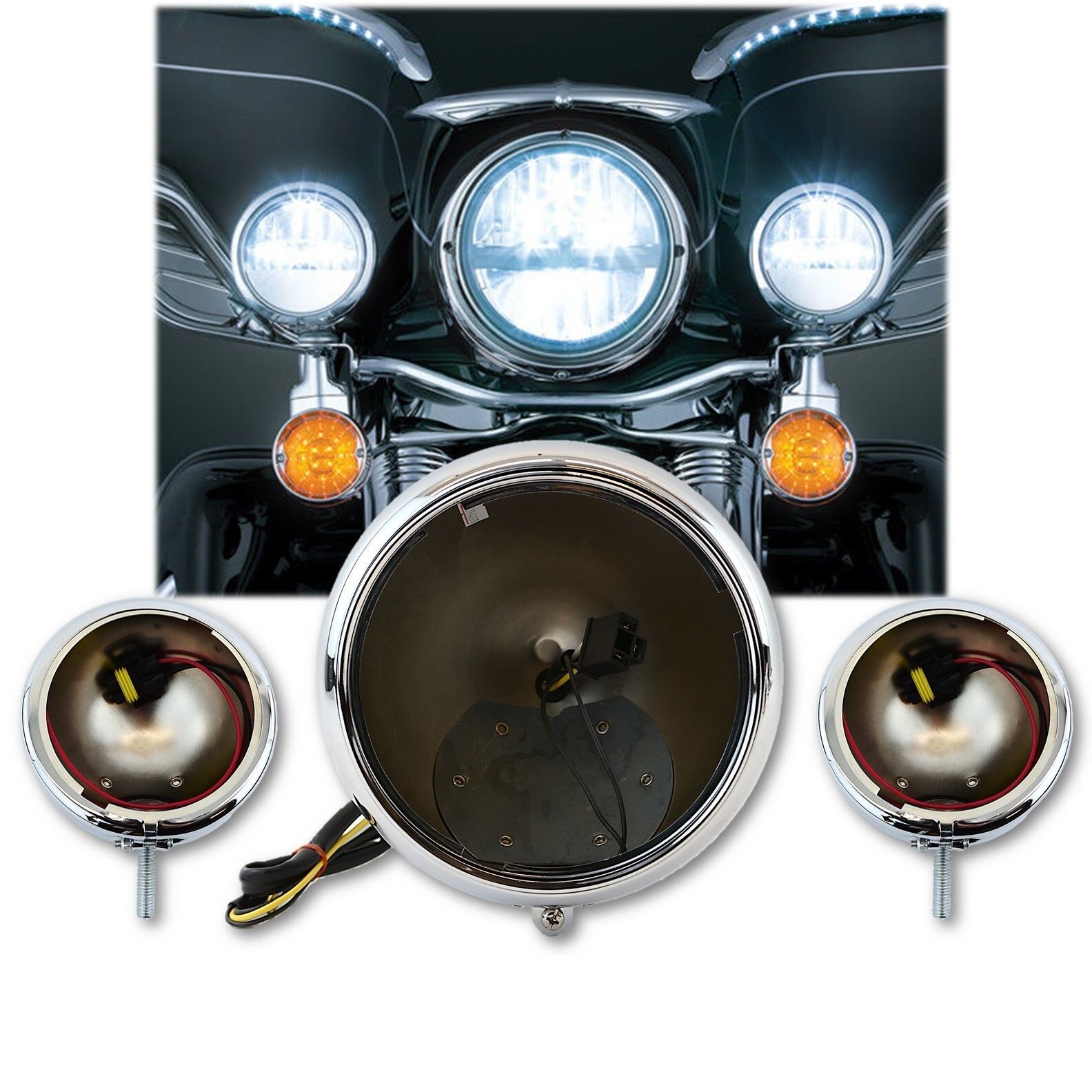 Motorcycle Passing & Headlight Fog Auxiliary Chrome Housing Buckets Set: Harley - $119.95