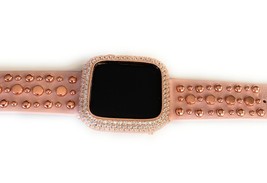 Apple Watch Bling Bezel Case &amp; pink rose gold leather Wristband 45 mm - £79.13 GBP