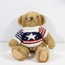 Vtg Posable Teddy Bear with Patriotic Stars Stripes Sweater Red White Blue 12&quot; - £10.64 GBP