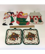 Vtg Christmas Holiday Puffy Oven Mitts Pot Holder Decorative Flat Snowman Cabin - $17.75